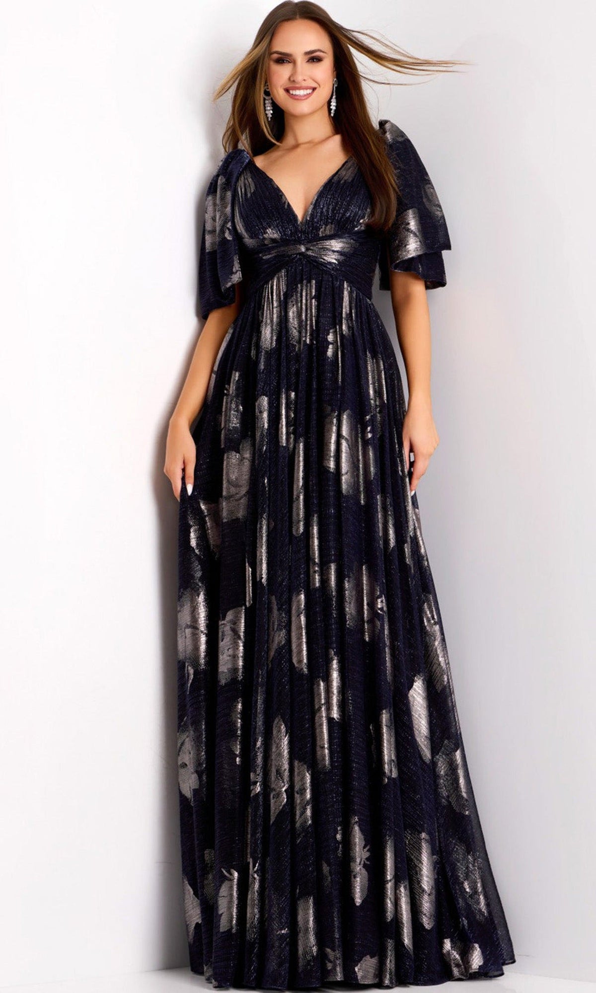 Jovani 44374 - Metallic Jacquard Flutter Sleeve Gown - Navy - Main