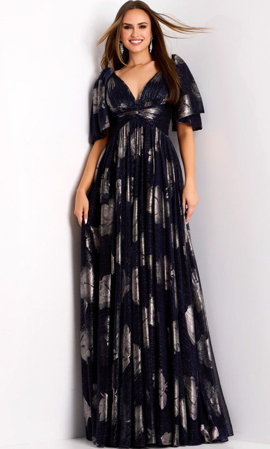 Jovani 44374 - Metallic Jacquard Flutter Sleeve Gown - Navy - Main