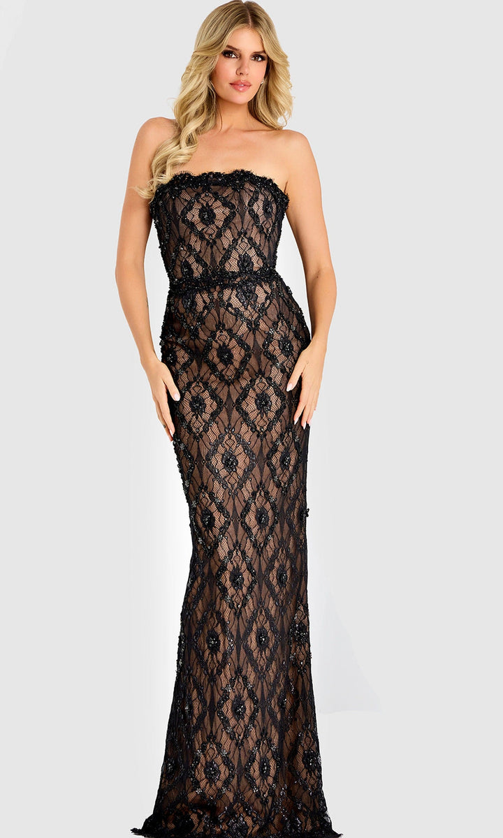 Jovani 44422 - Beaded Lace Column Evening Gown - Black/Nude - Main