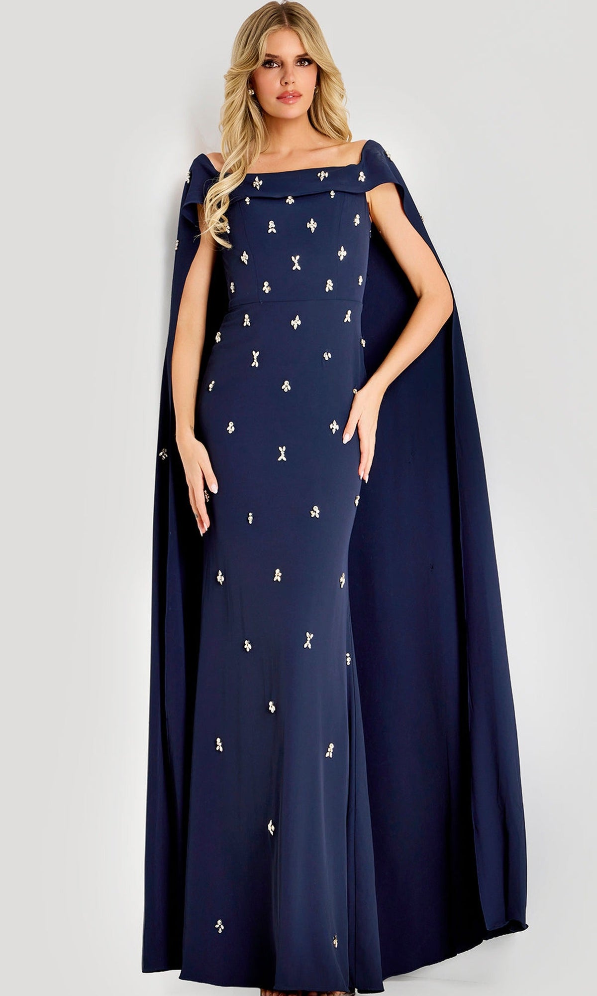 Jovani 44575 - Scattered Rhinestone Cape Sleeve Gown