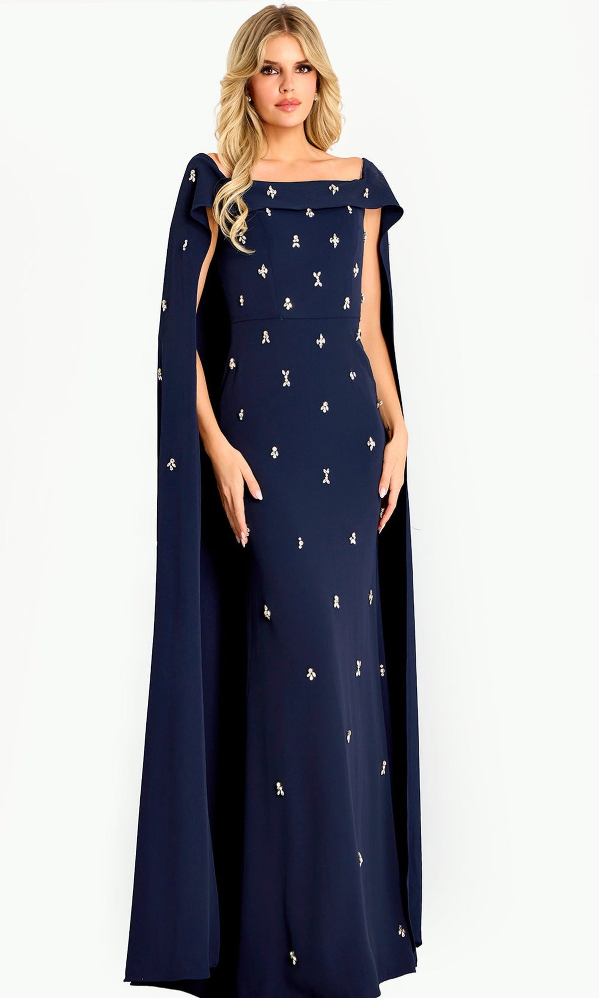 Jovani 44575 - Scattered Rhinestone Cape Sleeve Gown - Navy - Main
