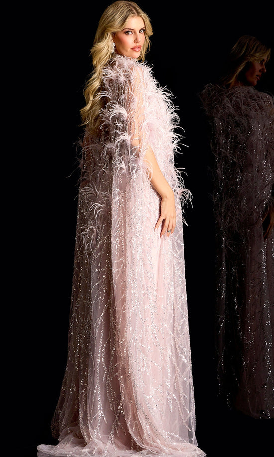 Jovani 44593 - Feather Embellished Cape Sleeve Evening Gown