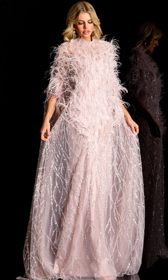 Jovani 44593 - Feather Embellished Cape Sleeve Evening Gown - Lavender - Main