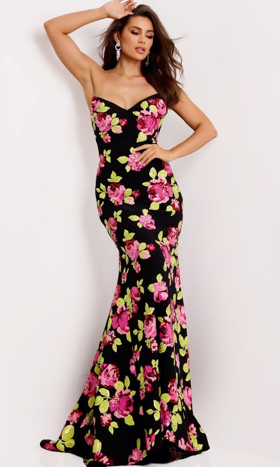 Jovani 44617 - Floral Sequin Sweetheart Evening Gown - Black/Multi - Main
