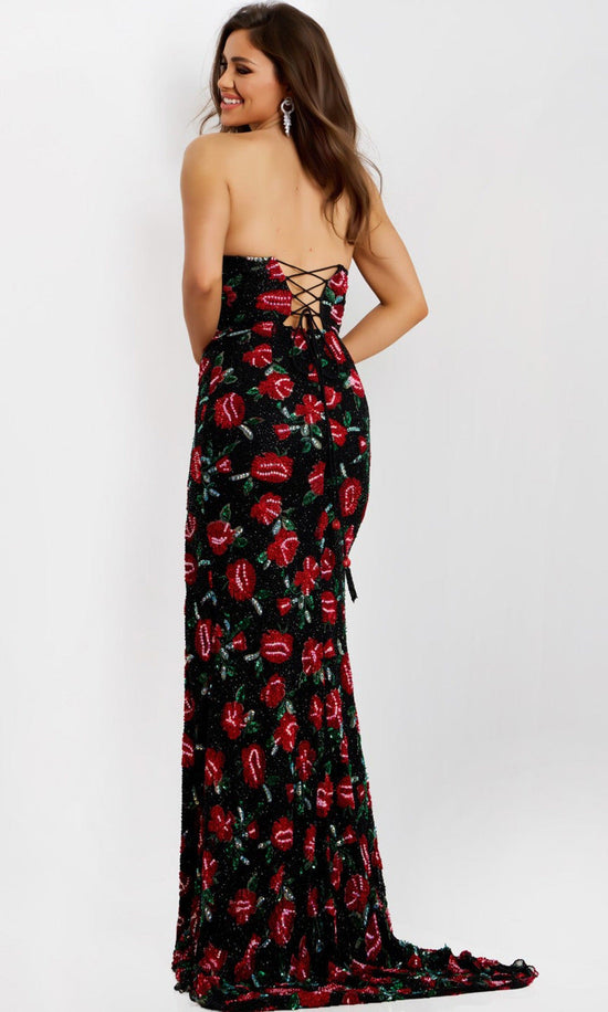 Jovani 44633 - Beaded Floral Strapless Sheath Gown