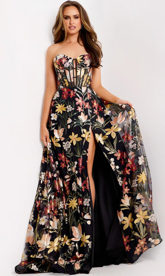 Jovani 44660 - Corset Bodice Floral Embroidered Gown