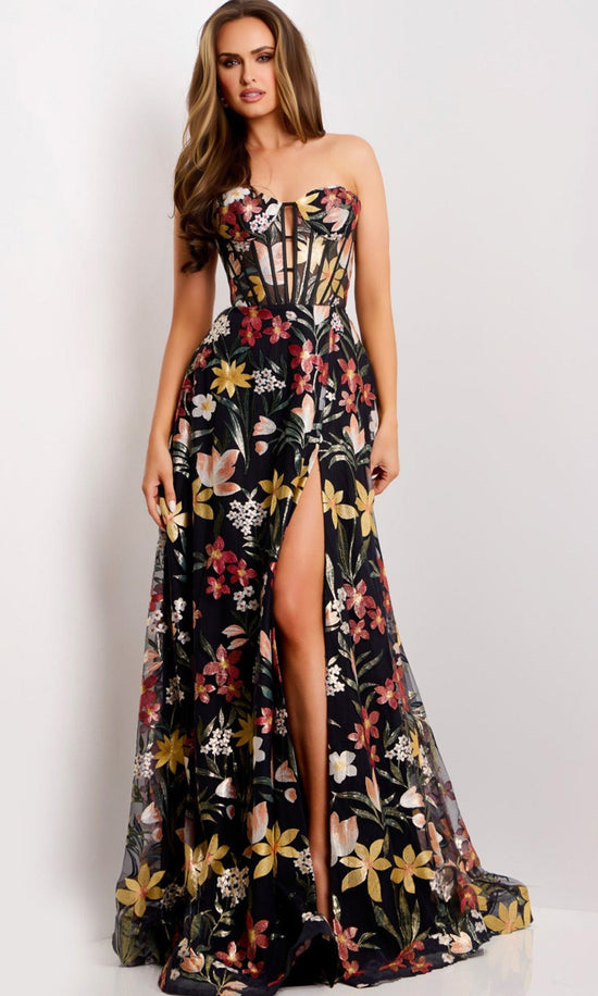 Jovani 44660 - Corset Bodice Floral Embroidered Gown