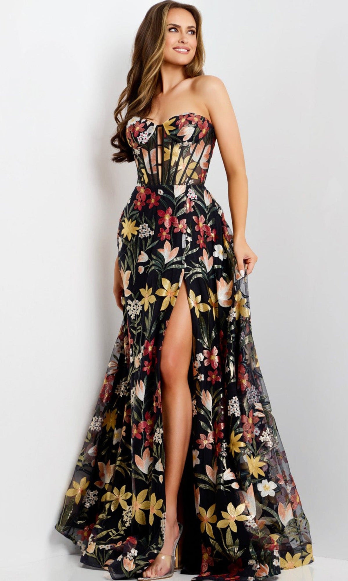 Jovani 44660 - Corset Bodice Floral Embroidered Gown