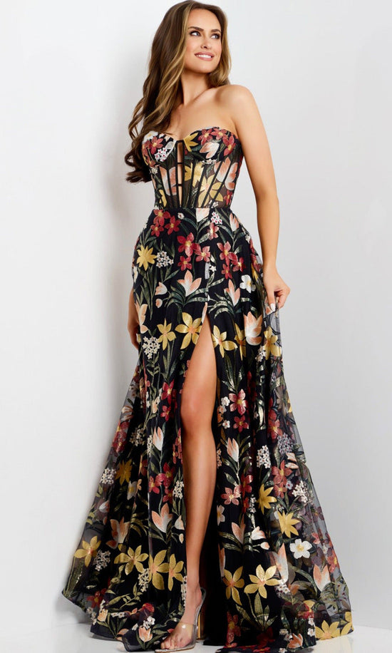 Jovani 44660 - Corset Bodice Floral Embroidered Gown