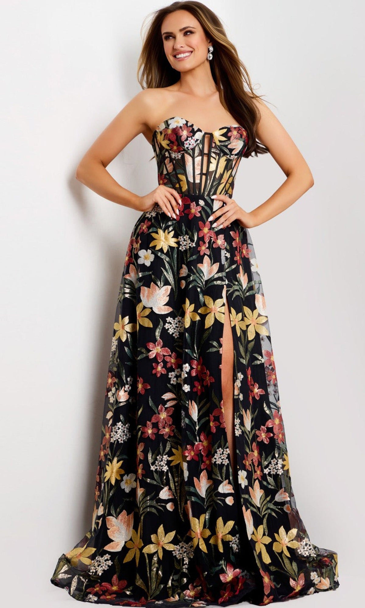 Jovani 44660 - Corset Bodice Floral Embroidered Gown