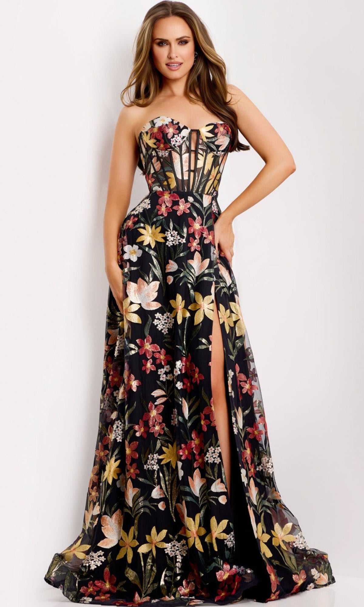 Jovani 44660 - Corset Bodice Floral Embroidered Gown - Black/Multi - Main