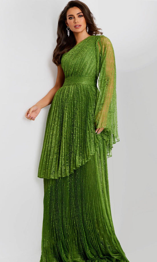 Jovani 44687 - One Shoulder Pleated Lace Gown