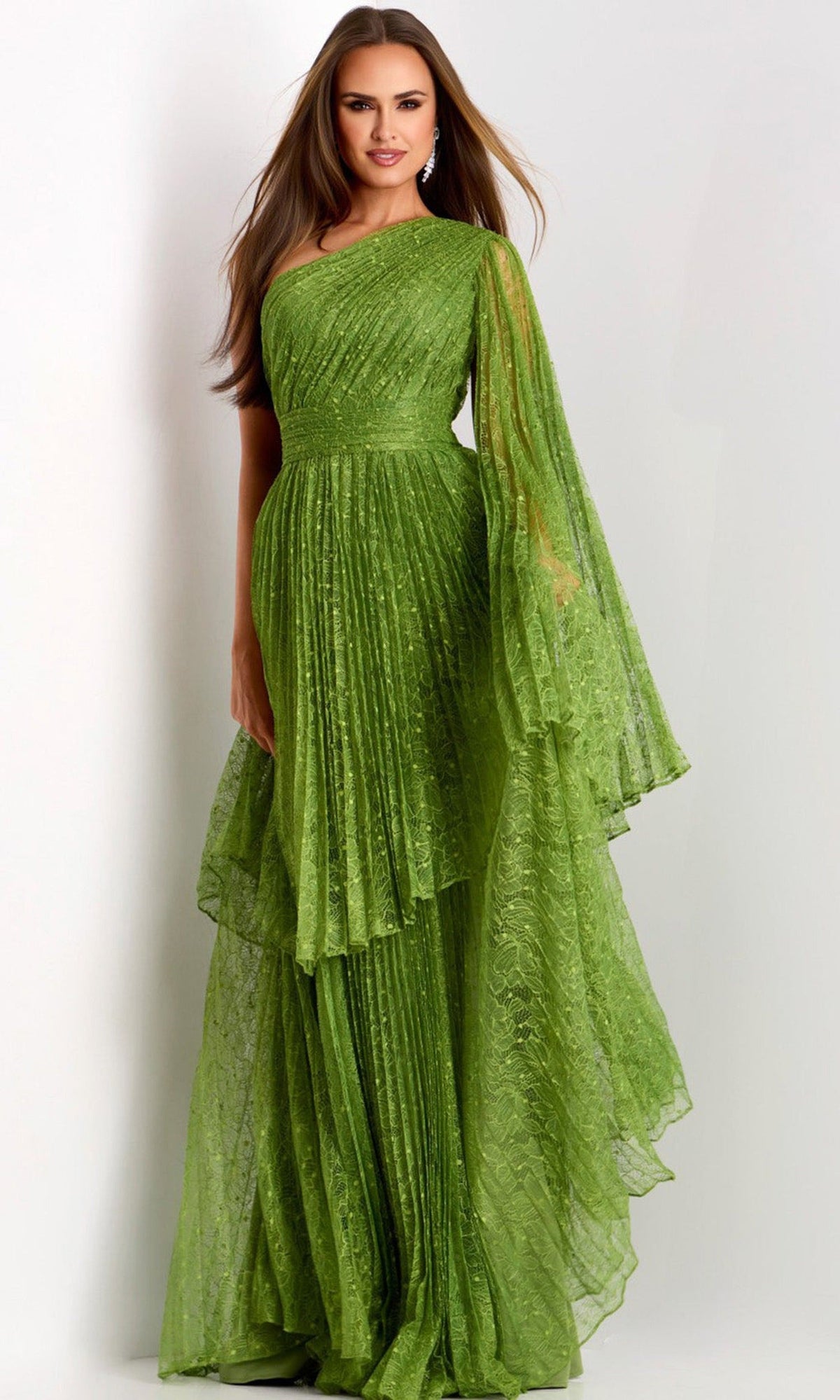 Jovani 44687 - One Shoulder Pleated Lace Gown - Green - Main