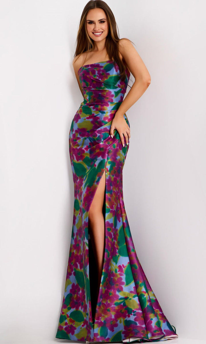 Jovani 44714 - Strapless Watercolor Floral Print Gown - Print - Main