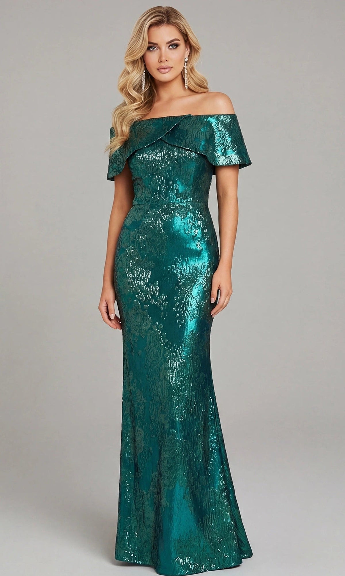 Jovani 44757 - Off Shoulder Metallic Evening Gown - Green - Main