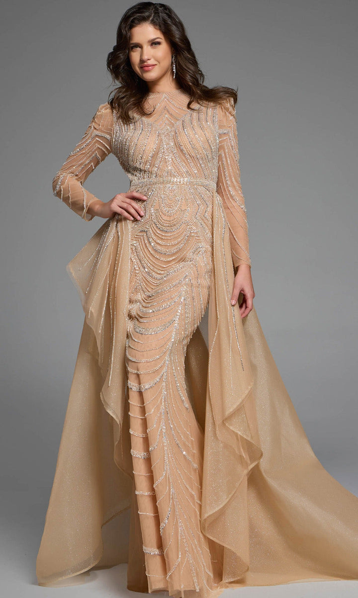 Jovani 44841 - Beaded Sheath Gown with Overskirt - Champagne - Main