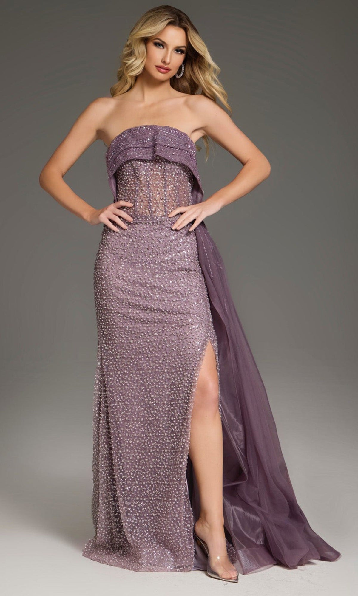 Jovani 44842 - Beaded Strapless Gown with Side Overskirt - Purple - Main
