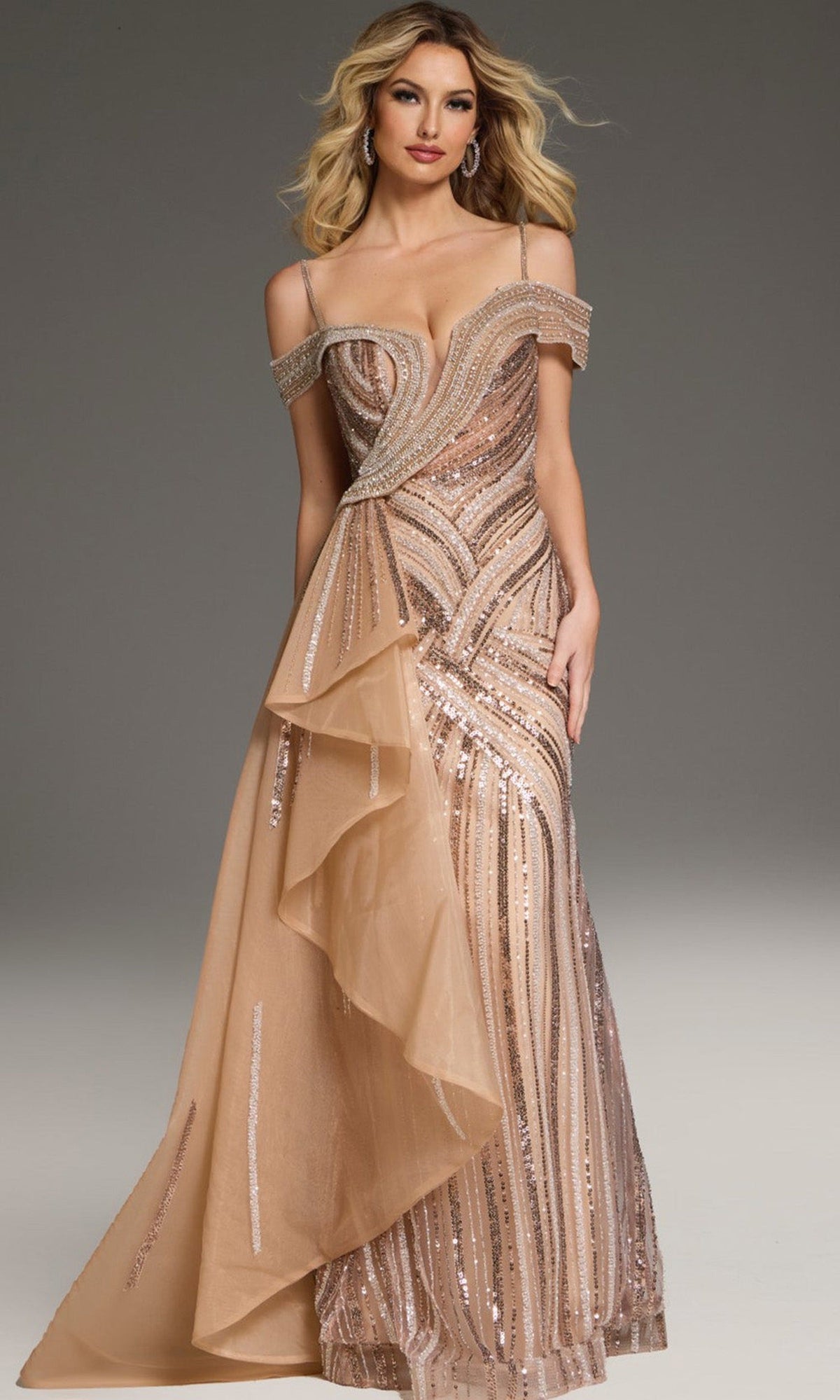 Jovani 44843 - Beaded Off Shoulder Gown with Side Overskirt - Champagne - Main
