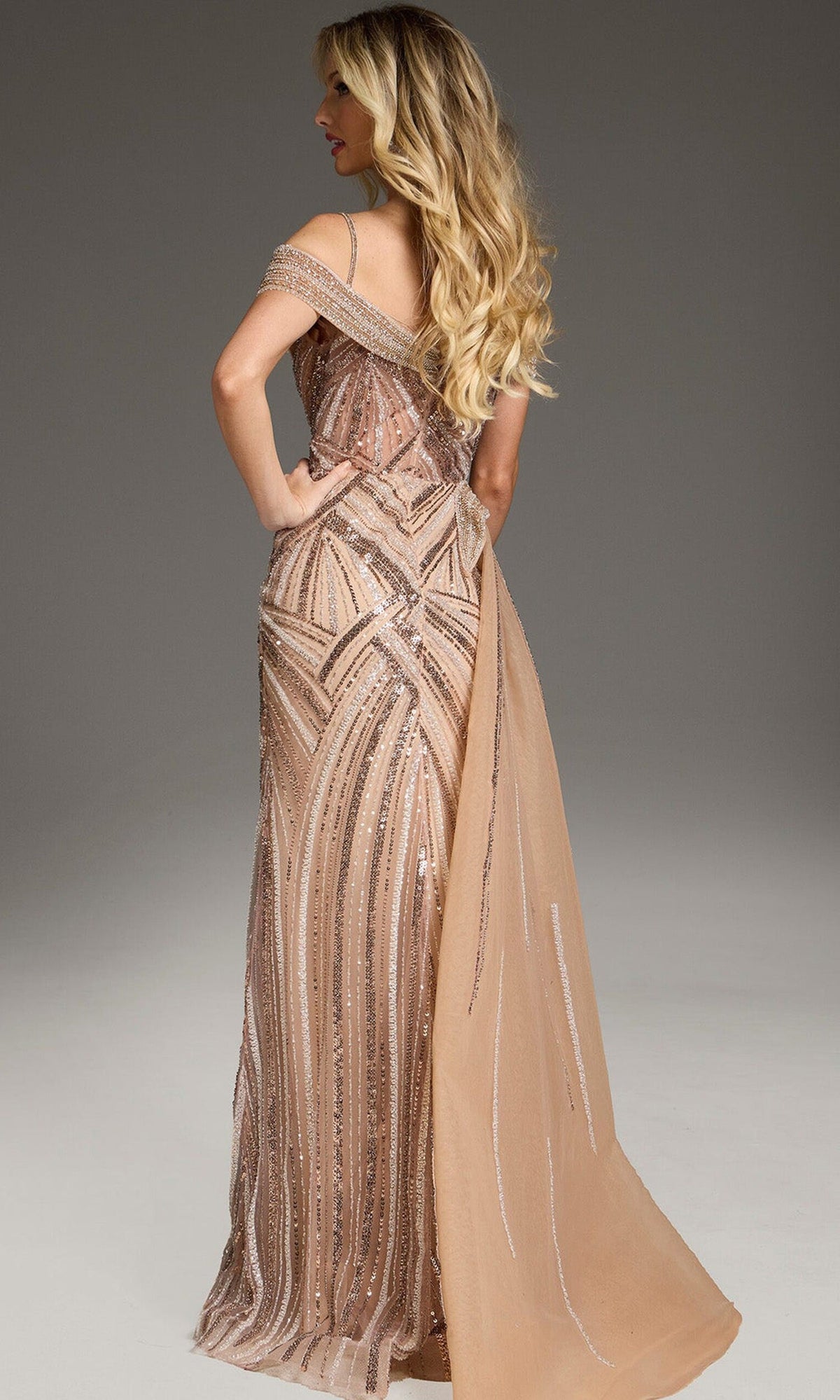 Jovani 44843 - Beaded Off Shoulder Gown with Side Overskirt