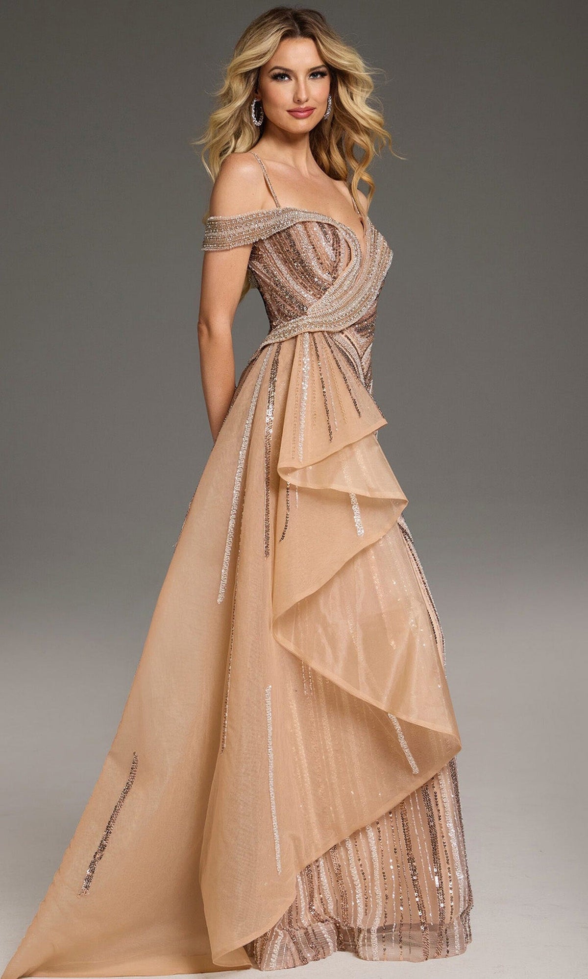 Jovani 44843 - Beaded Off Shoulder Gown with Side Overskirt