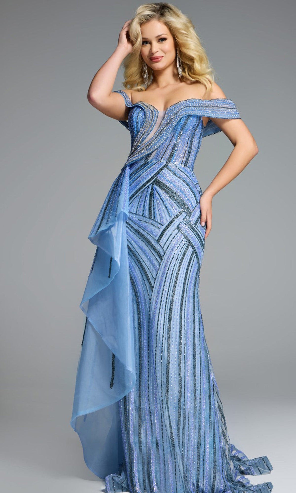 Jovani 44843 - Beaded Off Shoulder Gown with Side Overskirt