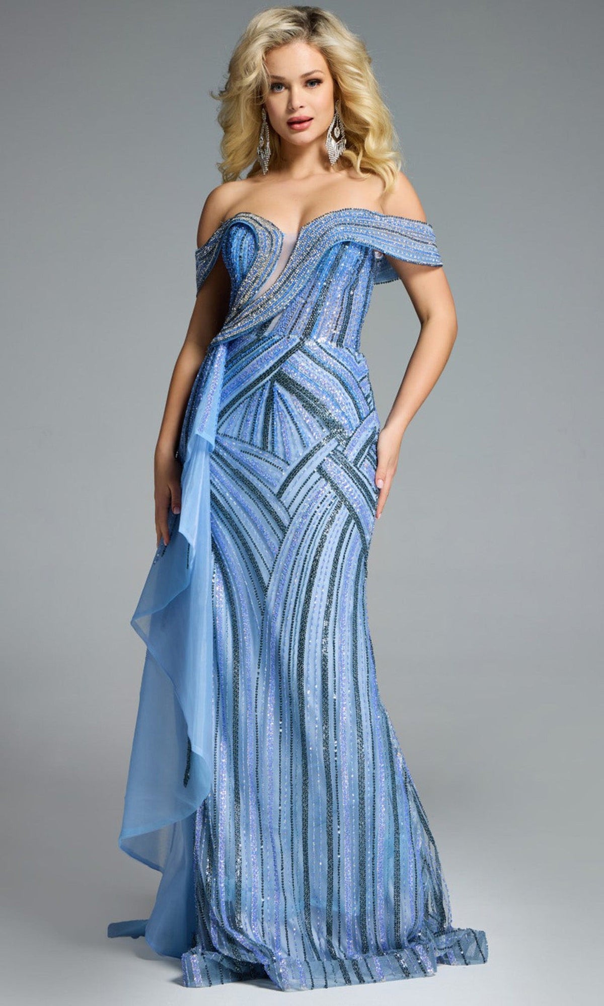 Jovani 44843 - Beaded Off Shoulder Gown with Side Overskirt