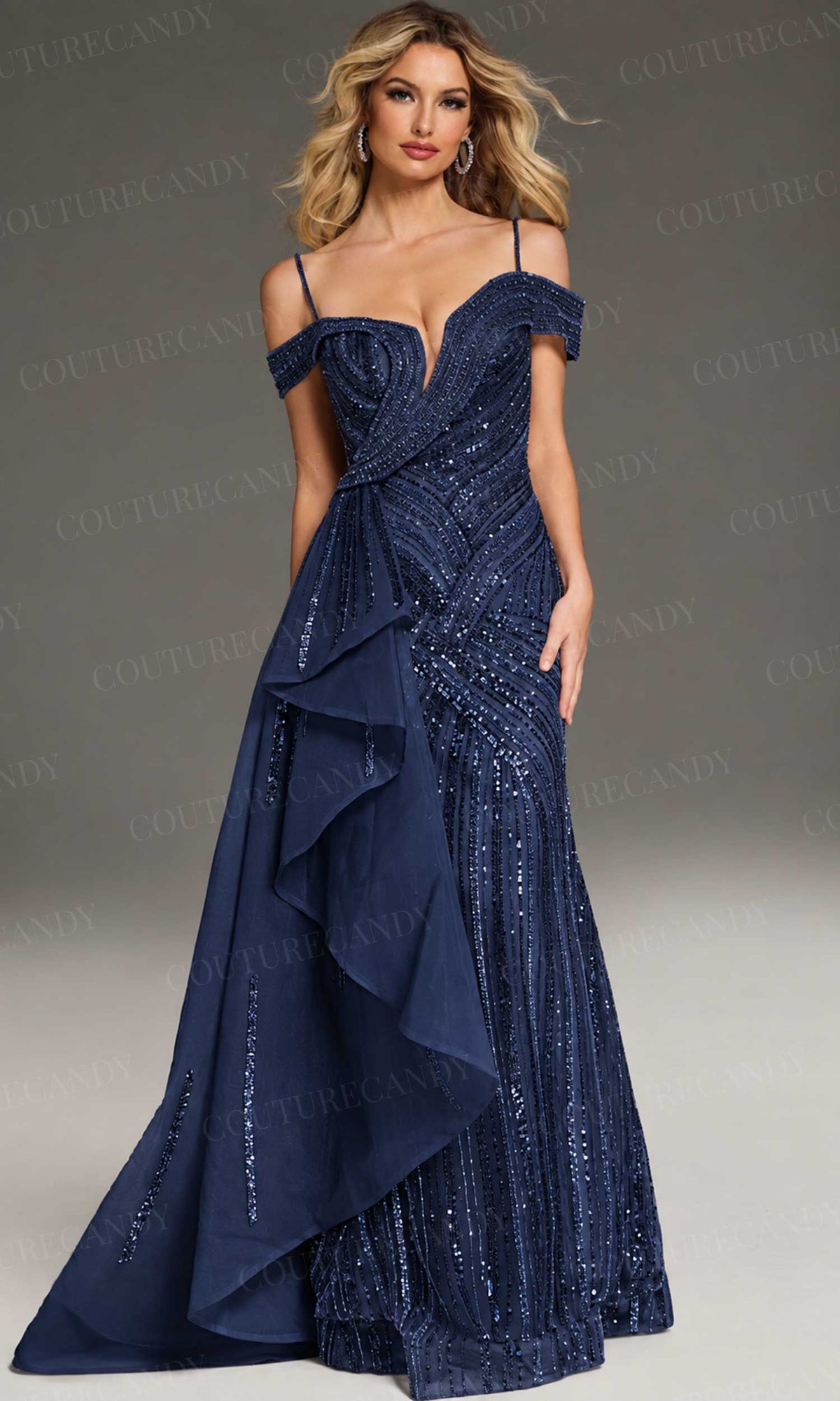 Jovani 44843 - Beaded Off Shoulder Gown with Side Overskirt