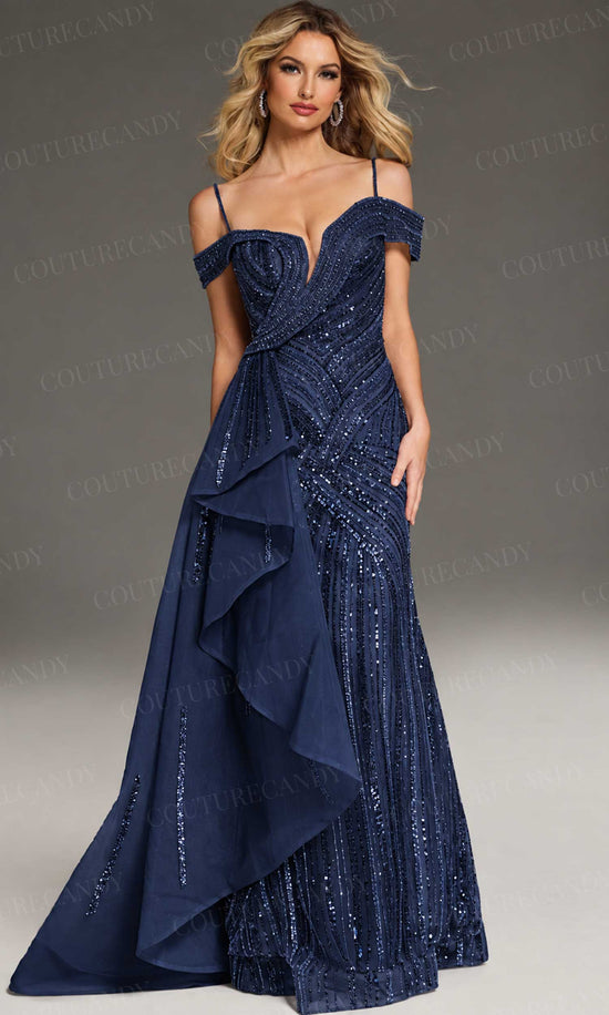 Jovani 44843 - Beaded Off Shoulder Gown with Side Overskirt