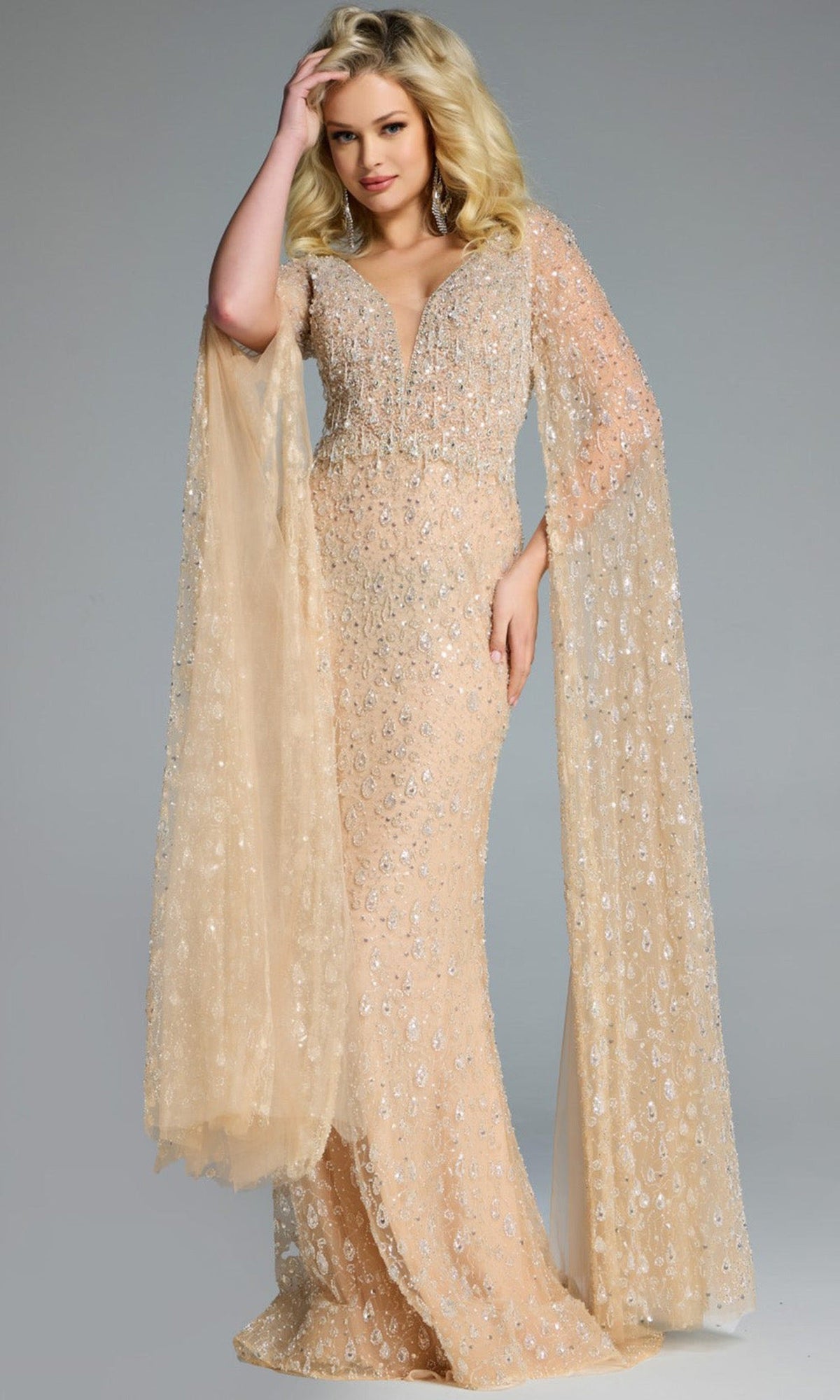 Jovani 44844 - Embellished Long Cape Sleeve Gown