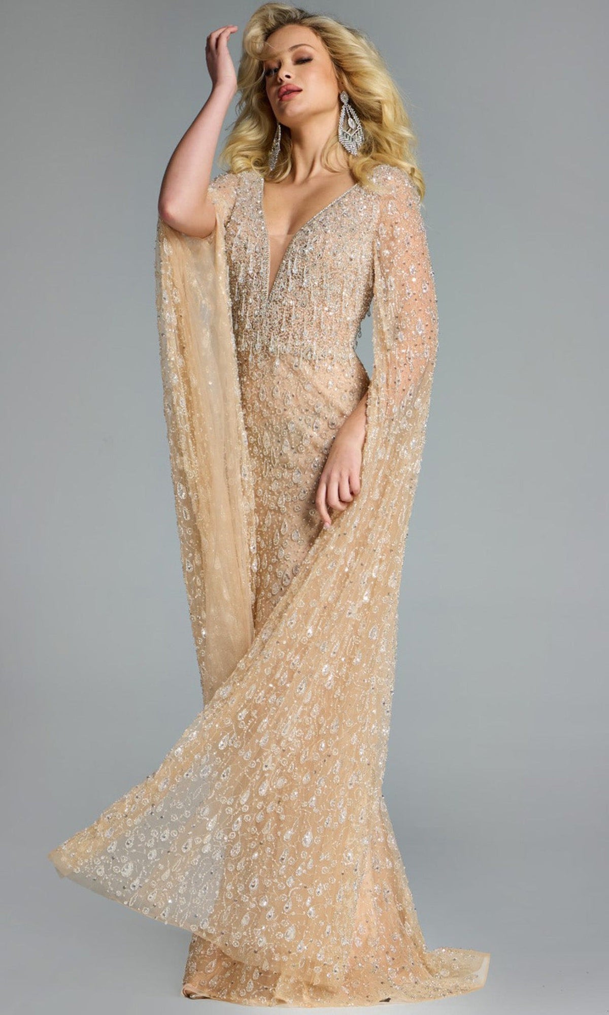 Jovani 44844 - Embellished Long Cape Sleeve Gown