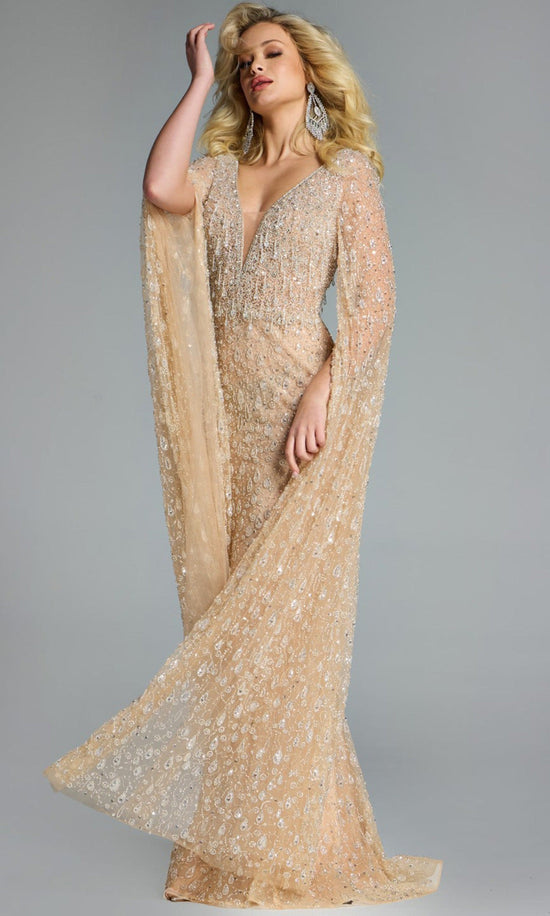 Jovani 44844 - Embellished Long Cape Sleeve Gown