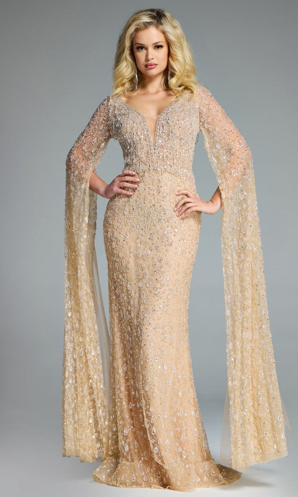Jovani 44844 - Embellished Long Cape Sleeve Gown - Champagne - Main