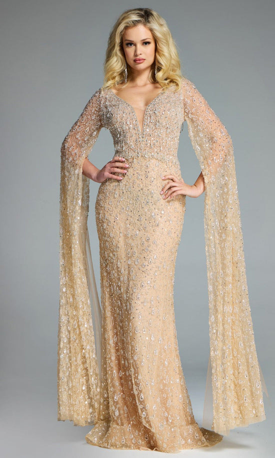 Jovani 44844 - Embellished Long Cape Sleeve Gown - Champagne - Main