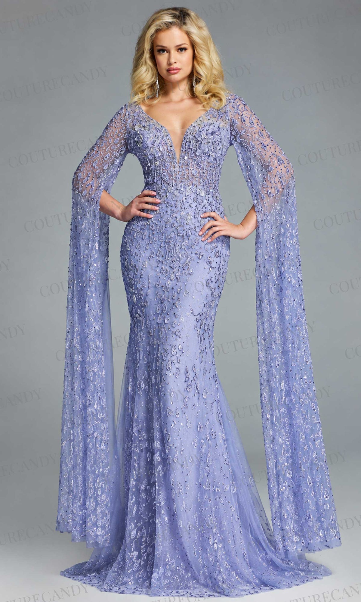 Jovani 44844 - Embellished Long Cape Sleeve Gown