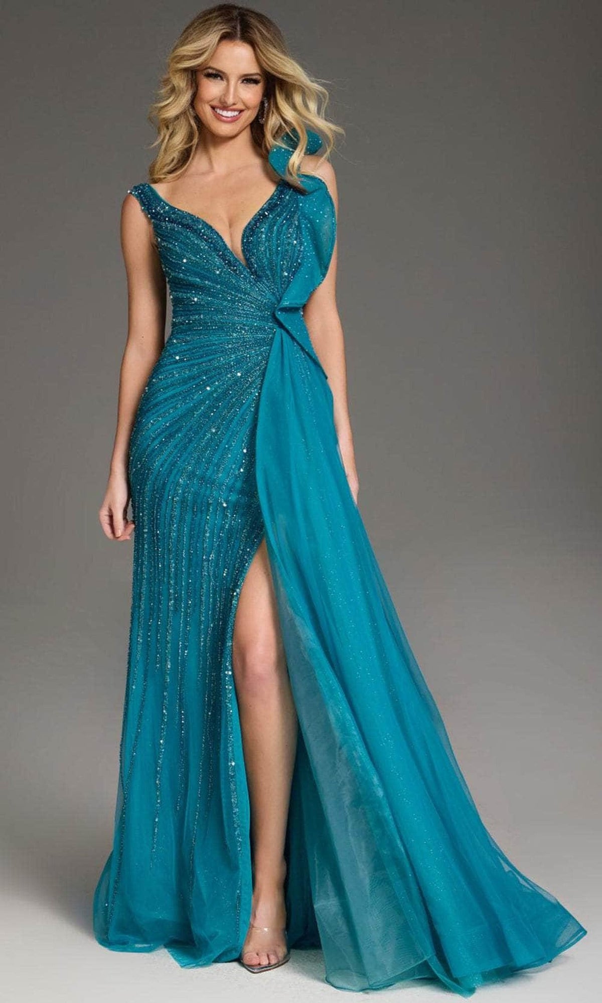 Jovani 44846 - Sleeveless Bead Embellished Prom Gown - Teal - Main