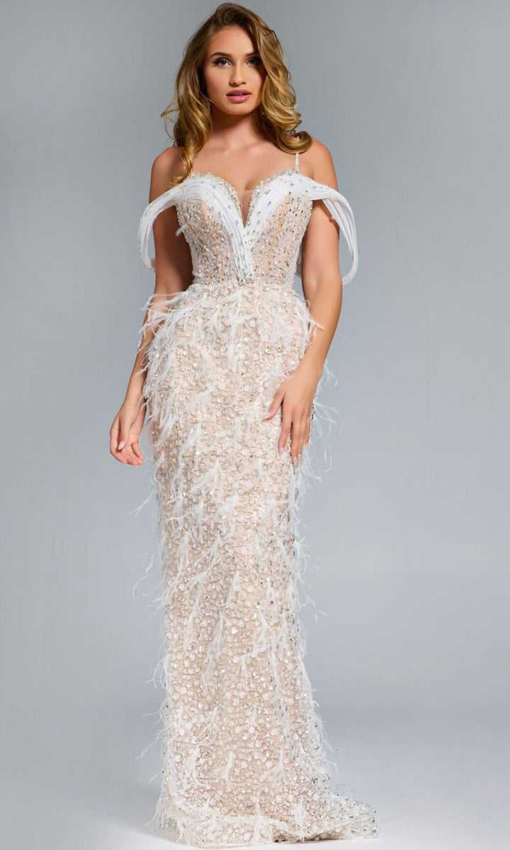 Jovani 44848 - Feathered Cold Shoulder Evening Gown