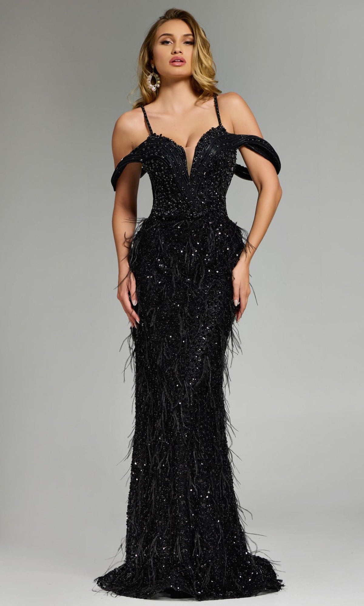 Jovani 44848 - Feathered Cold Shoulder Evening Gown