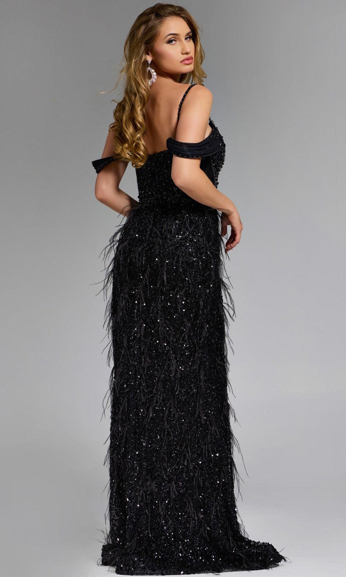 Jovani 44848 - Feathered Cold Shoulder Evening Gown