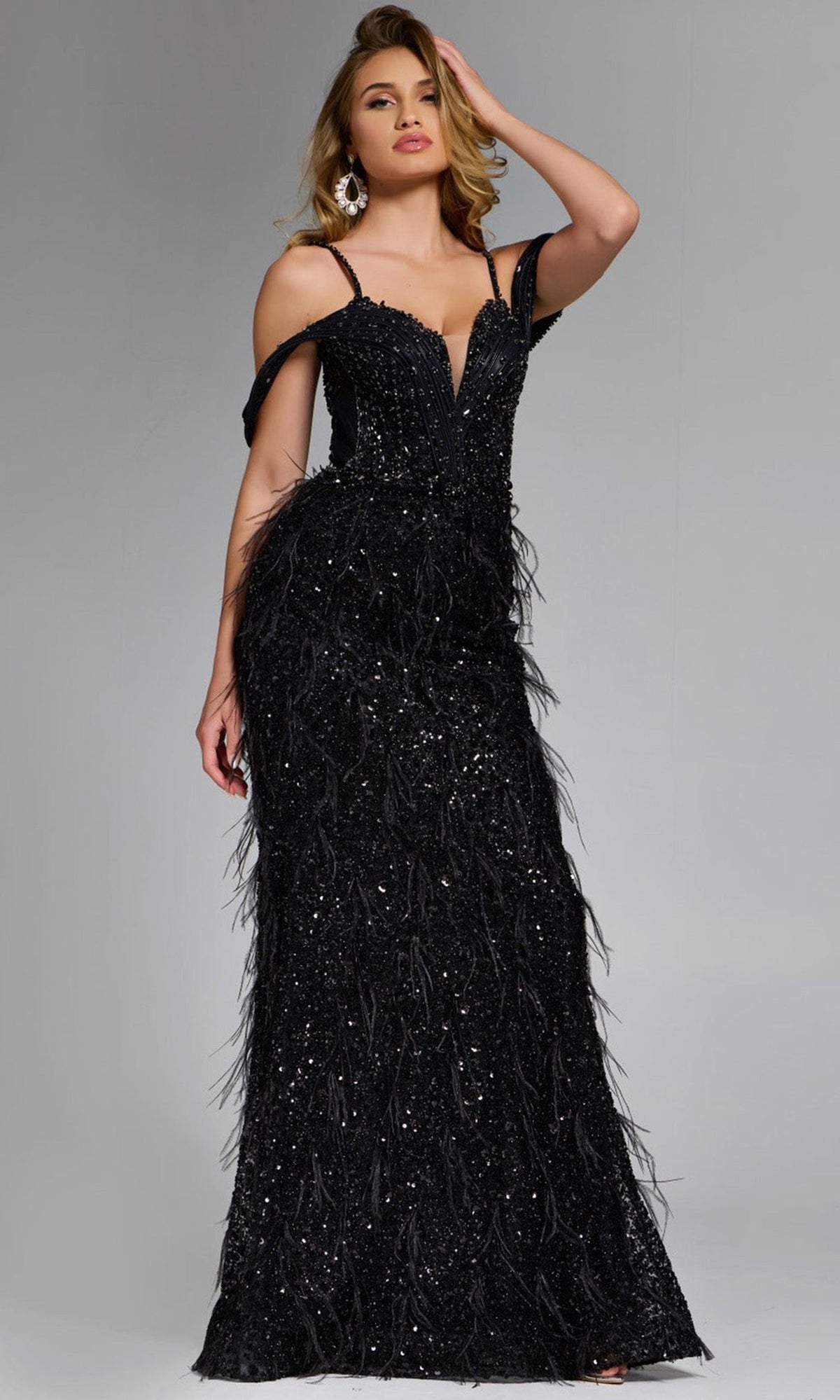 Jovani 44848 - Feathered Cold Shoulder Evening Gown