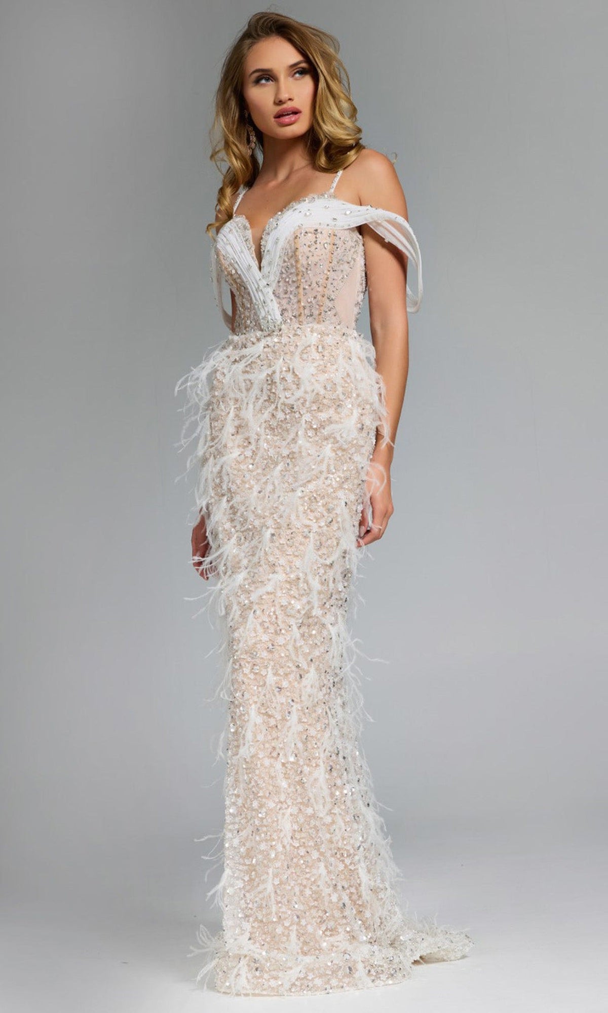 Jovani 44848 - Feathered Cold Shoulder Evening Gown