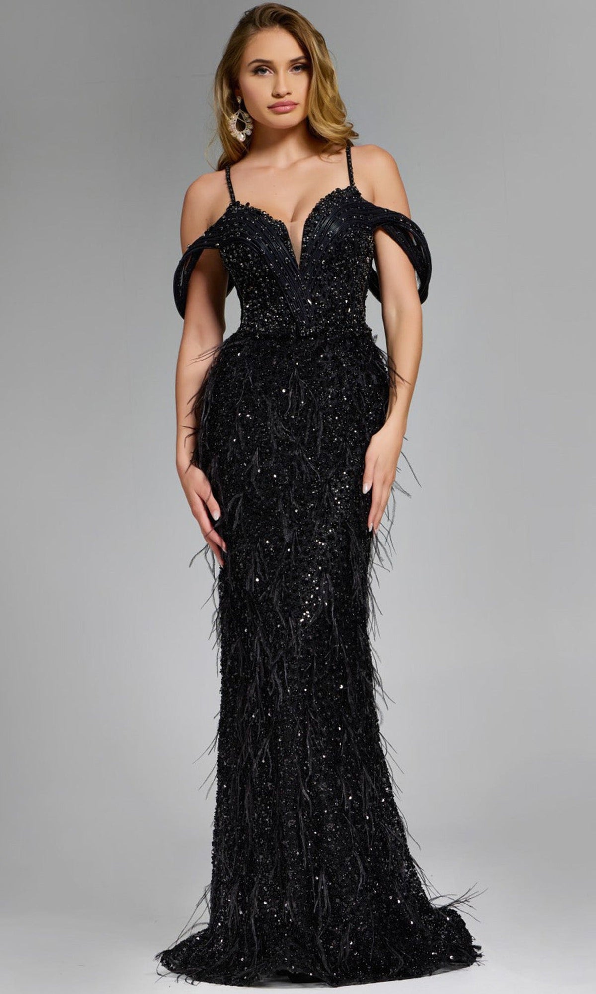 Jovani 44848 - Feathered Cold Shoulder Evening Gown - Black - Main