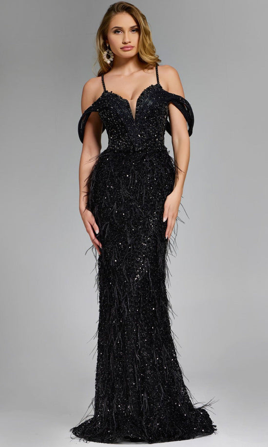 Jovani 44848 - Feathered Cold Shoulder Evening Gown - Black - Main