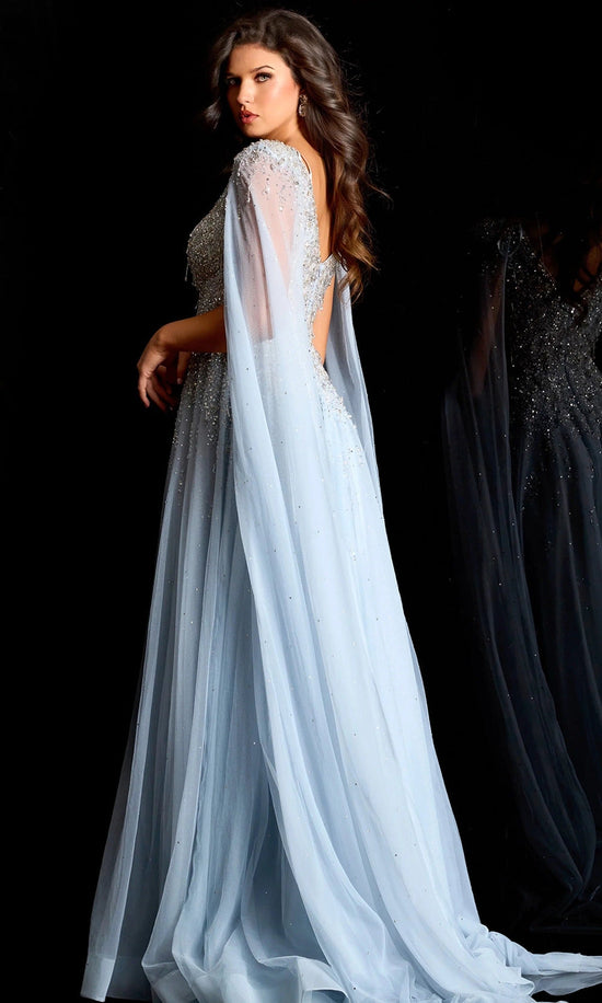 Jovani 45075 - Beaded Tulle Cape Sleeve Formal Gown