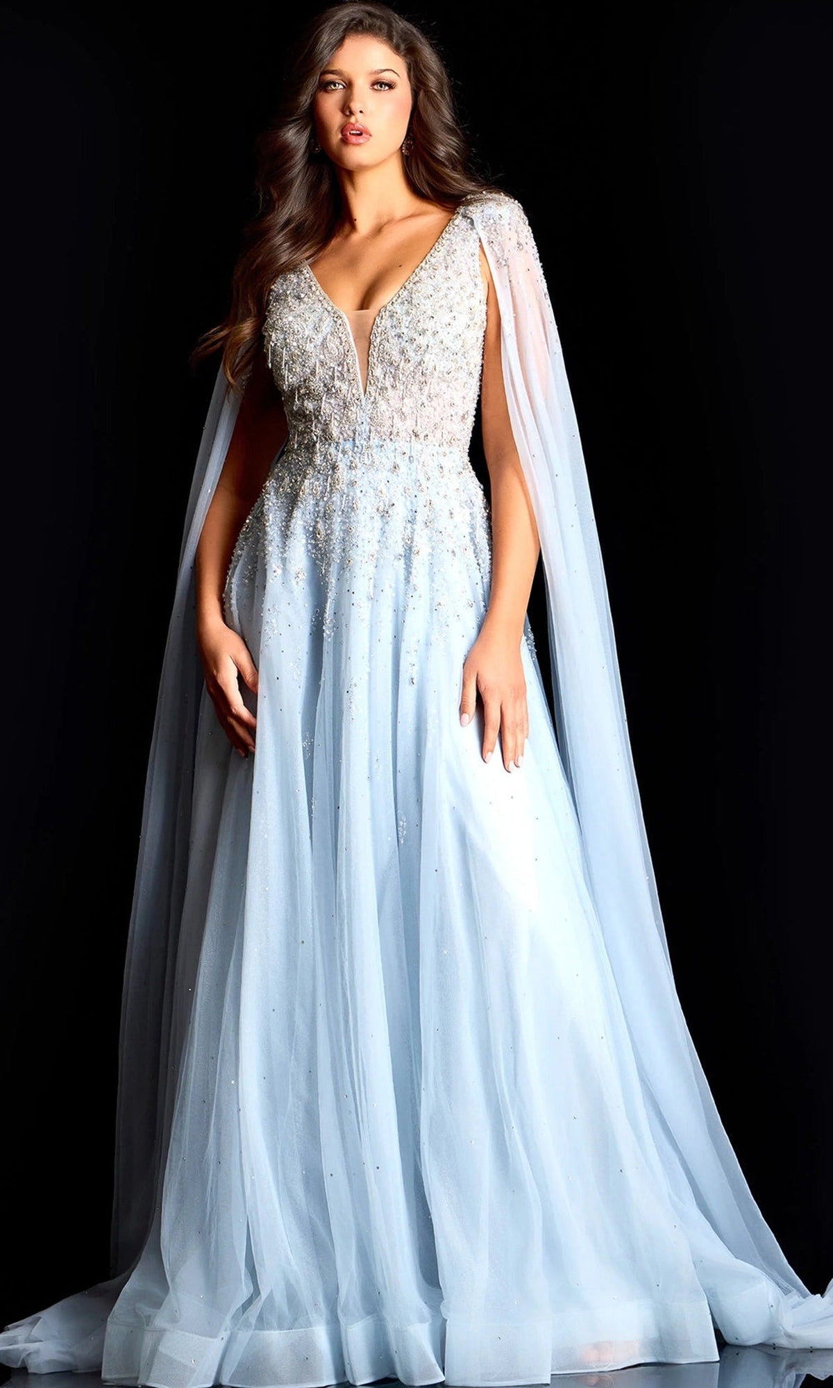 Jovani 45075 - Beaded Tulle Cape Sleeve Formal Gown