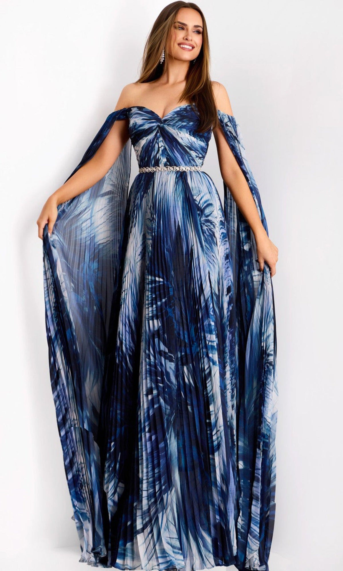 Jovani 45277 - Off Shoulder Pleated Cape Sleeve Gown