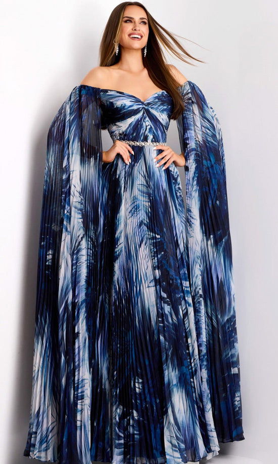 Jovani 45277 - Off Shoulder Pleated Cape Sleeve Gown