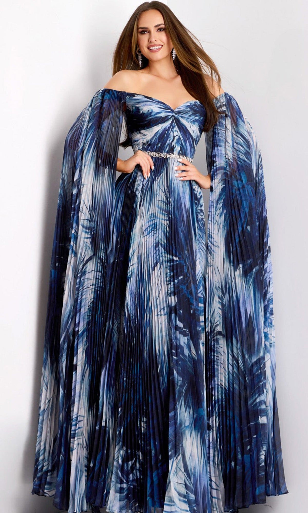 Jovani 45277 - Off Shoulder Pleated Cape Sleeve Gown - Print - Main