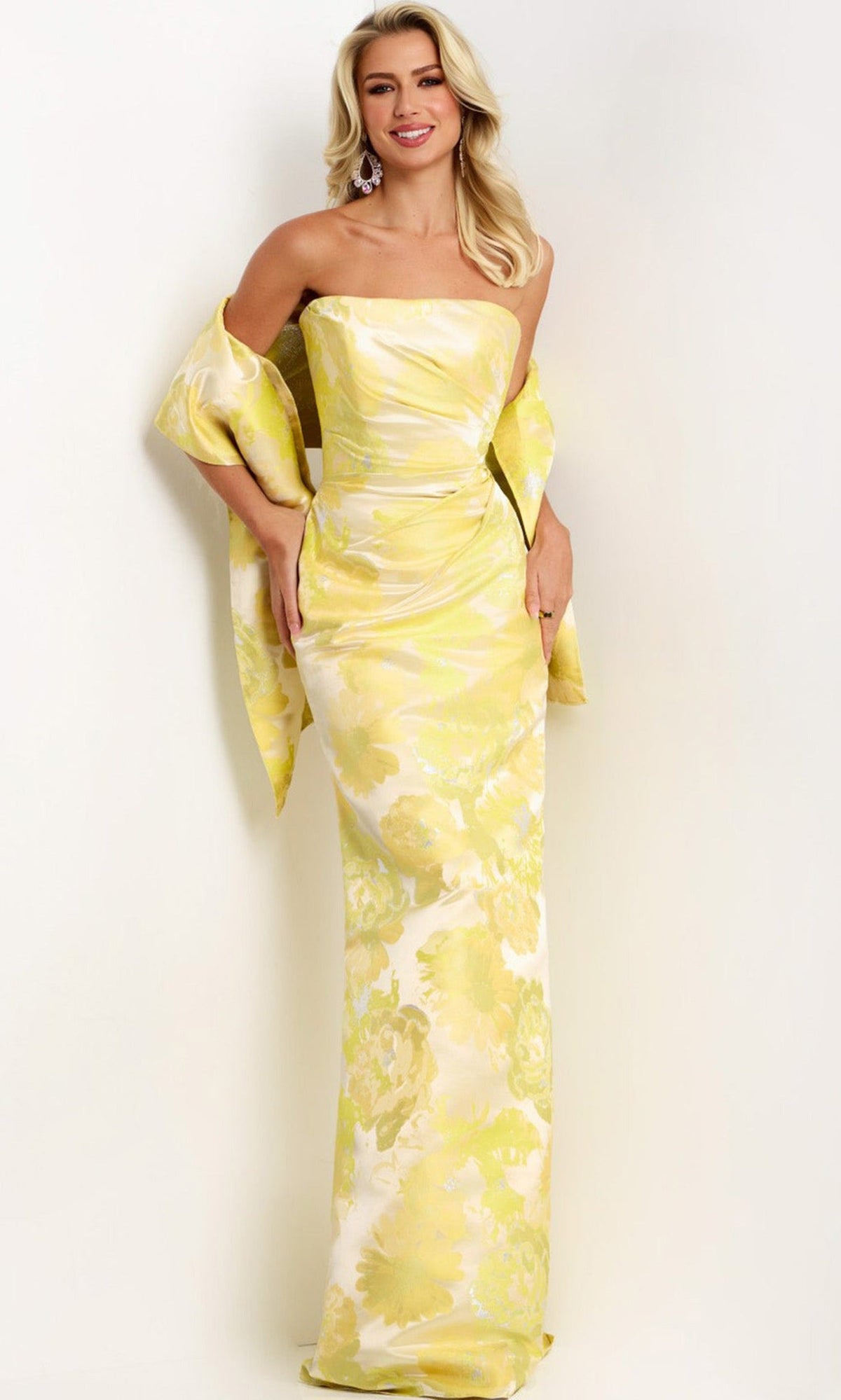 Jovani 45289 - Strapless Floral Jacquard Column Gown - Yellow - Main