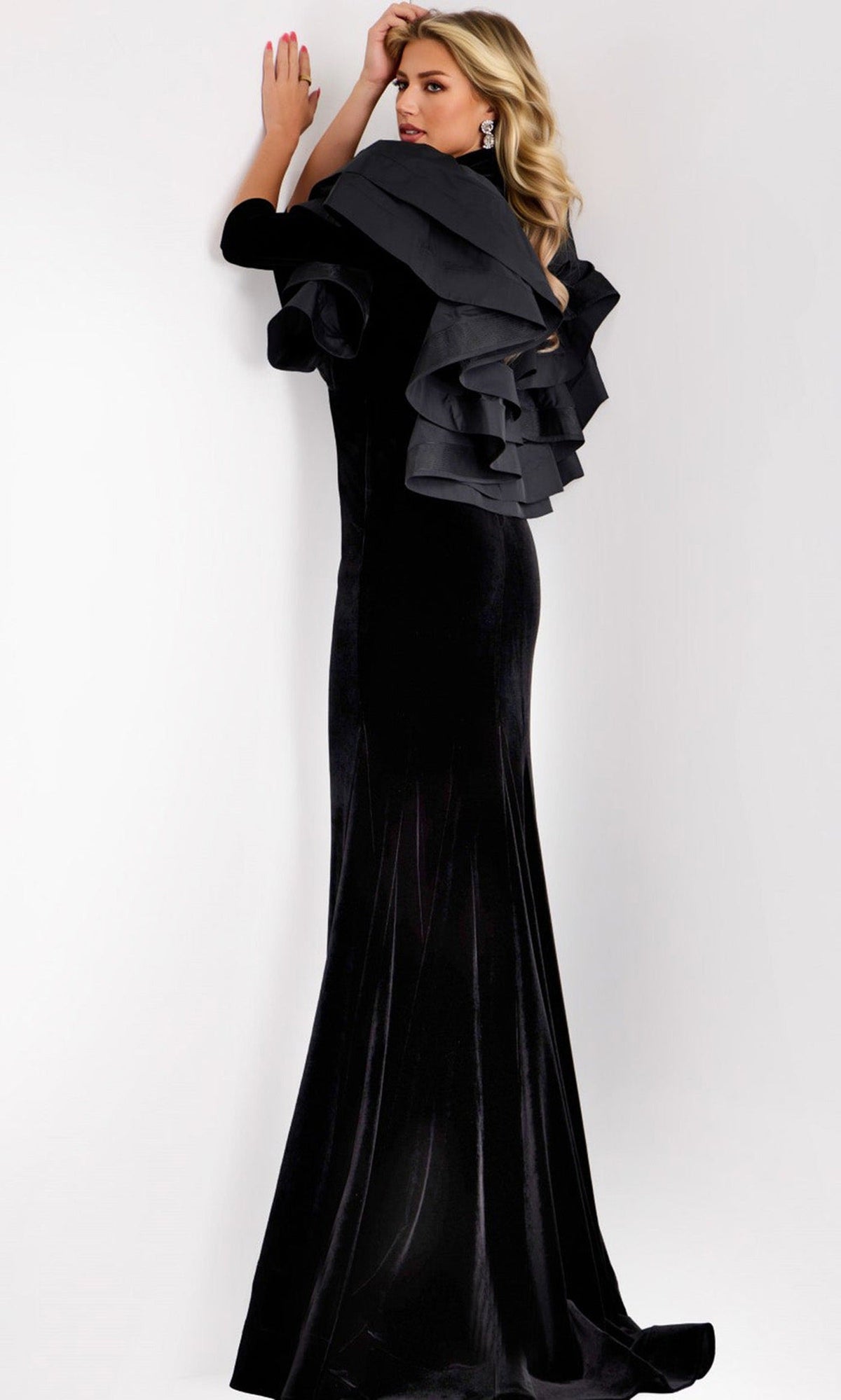 Jovani 45322 - High Neck Ruffled Shoulder Velvet Gown