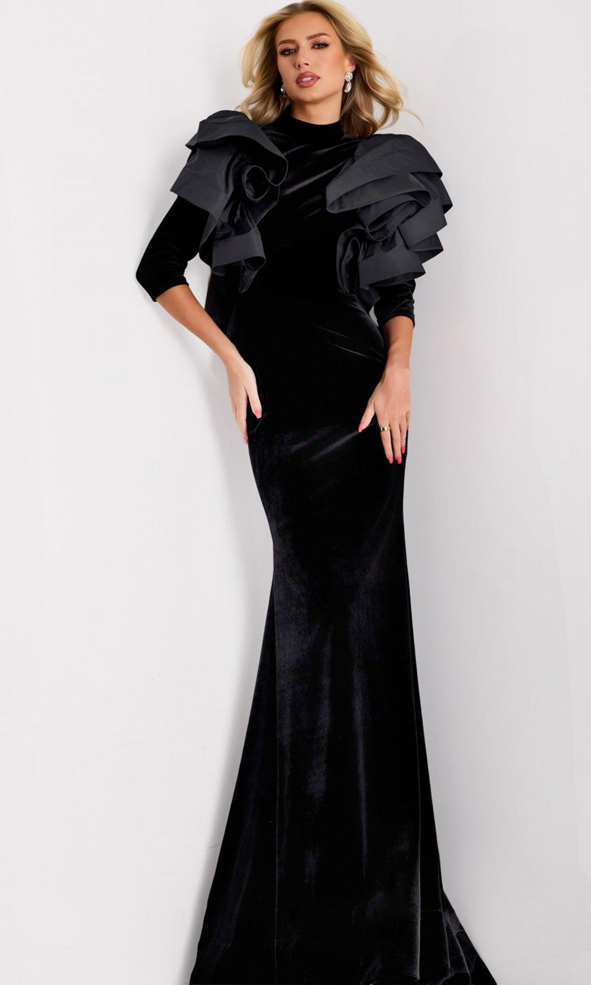 Jovani 45322 - High Neck Ruffled Shoulder Velvet Gown